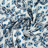 Indian cotton printed with navy blue and petrol prints on a white background