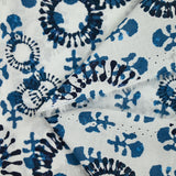Indian cotton printed with navy blue and petrol prints on a white background