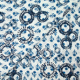 Indian cotton printed with navy blue and petrol prints on a white background