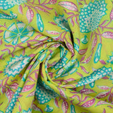 Indian cotton printed turquoise porcelain flowers anise green background