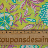 Indian cotton printed turquoise porcelain flowers anise green background