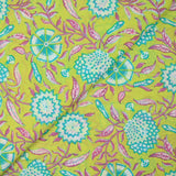 Indian cotton printed turquoise porcelain flowers anise green background