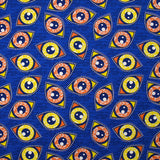 Coton imprimé ethnique Kampen orange et jaune fond bleu roi
