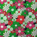 Coton imprimé floraison disco vert d'eau, vert prairie et magenta
