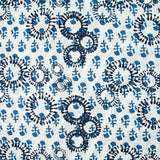 Indian cotton printed with navy blue and petrol prints on a white background