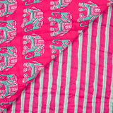Coton matelassé double face éléphant et rayure rose au mètre
