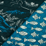 Coton matelassé double face poisson bleu et marine au mètre
