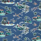 Lin et coton imprimé Hawaiian tropics fond bleu