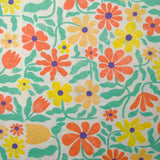 Lin viscose imprimé fleurs rétro corail et jaune fond blanc