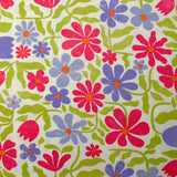 Lin viscose imprimé fleurs rétro fuchsia et lavande fond blanc