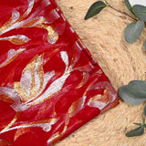 Mousseline de Soie dévorée Tlija or et argent fond rouge