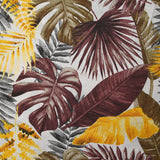Polycoton imprimé jungle de feuilles jaune et marron fond blanc