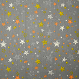 Popeline de coton imprimée étoile orange et jaune fond gris