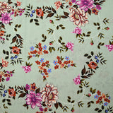 Popeline de coton imprimée fleur arabesque violet fond vert de gris