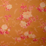 Popeline de coton imprimée rosier rose fond rayé orange