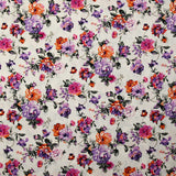Popeline de coton imprimée rosier violet et orange fond blanc