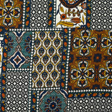 Satin de viscose imprimé patchwork ornement orange, canard et marine