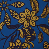 Viscose imprimée feuillage marine et curry fond bleu