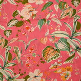 Viscose imprimée fleurs bucolique vert et orange fond rose