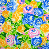 Viscose imprimée montagne de fleurs orange, bleu et vert