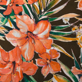 Voile de viscose imprimé Hawaiian hibiscus orange corail fond marron